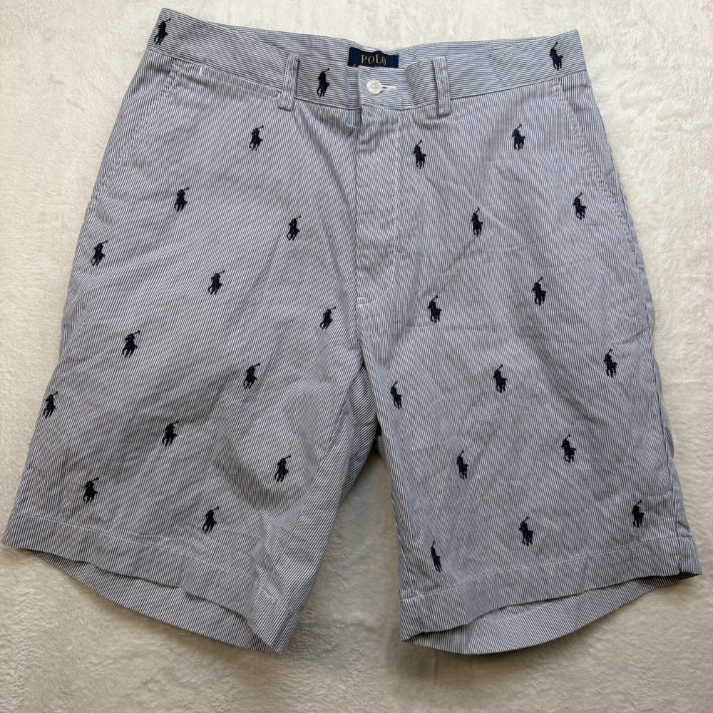 Polo Ralph‎ Lauren Shorts All Over Pony Striped Chino Blue White Mens 31